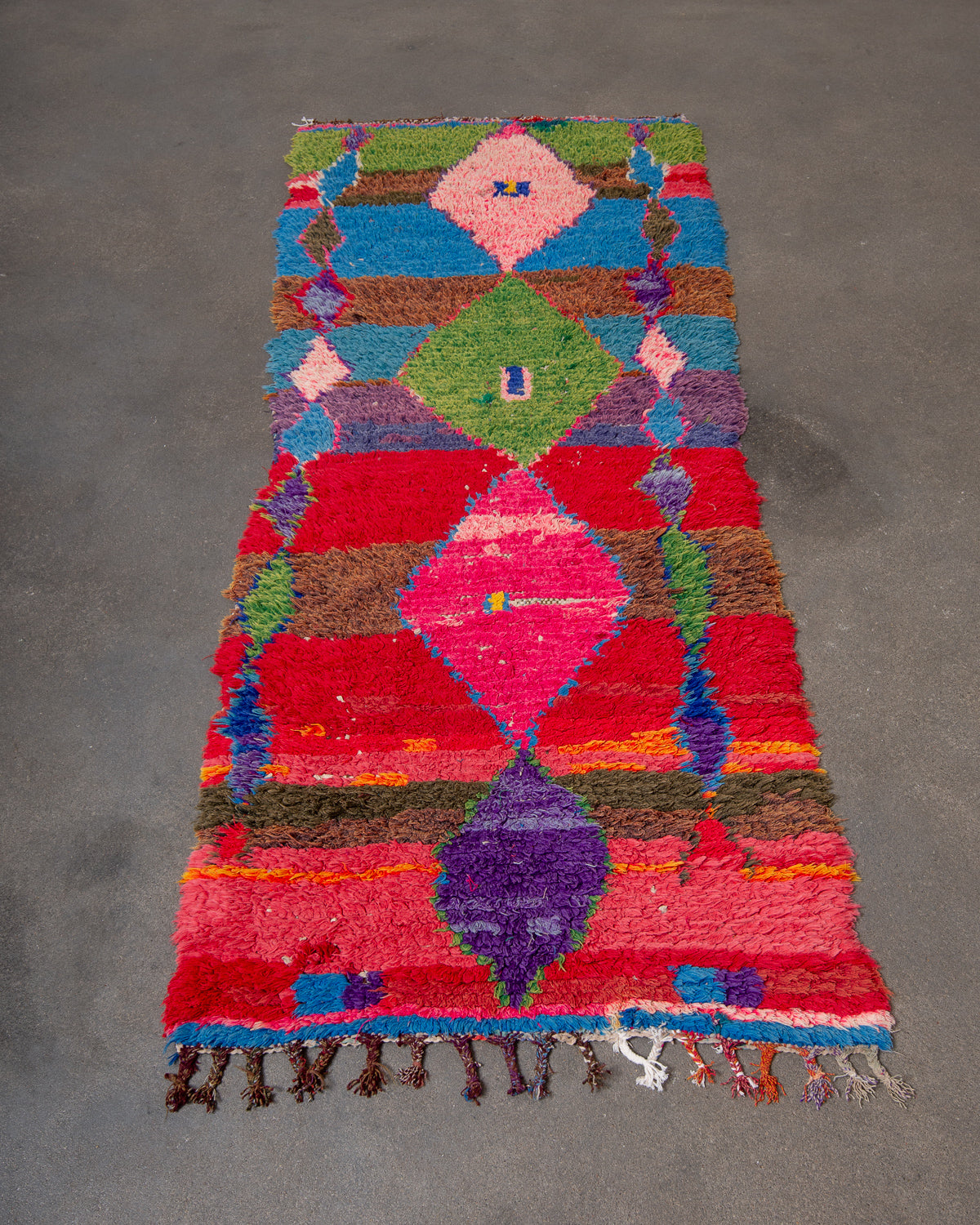 Modern, designer, handcrafted Berber runner rug from Morocco. Vintage carpet with beautiful colours and patterns and fluffy texture.